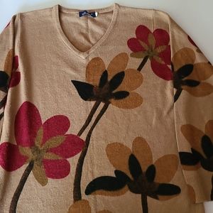 Tan 3/4 sleeve, v neck floral pull over sweater